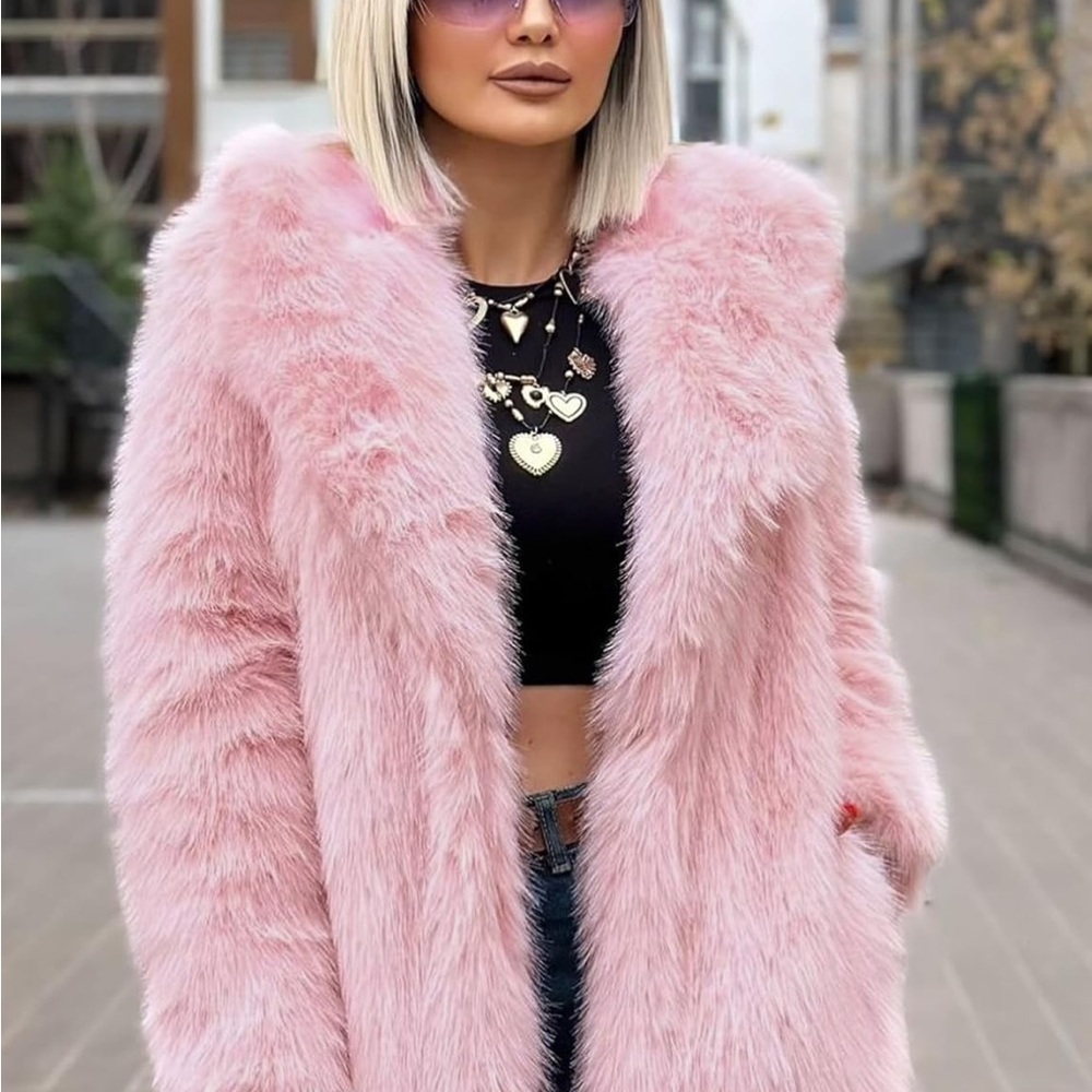Women's Pink Faux Fur Coat thick shaggy warm fluffy jacket